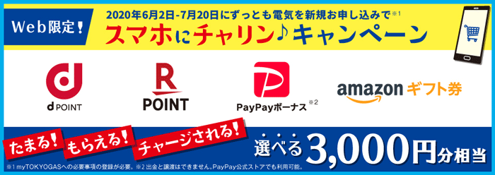 東京ガスの電気「スマホにチャリン♪キャンペーン」3,000円分相当のポイントorギフトカードをプレゼント