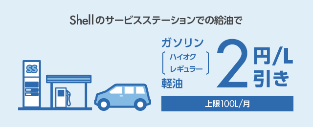 シェル電気ならガソリン車の場合、1ヶ月に100Lまでガソリン代が2円／L割引